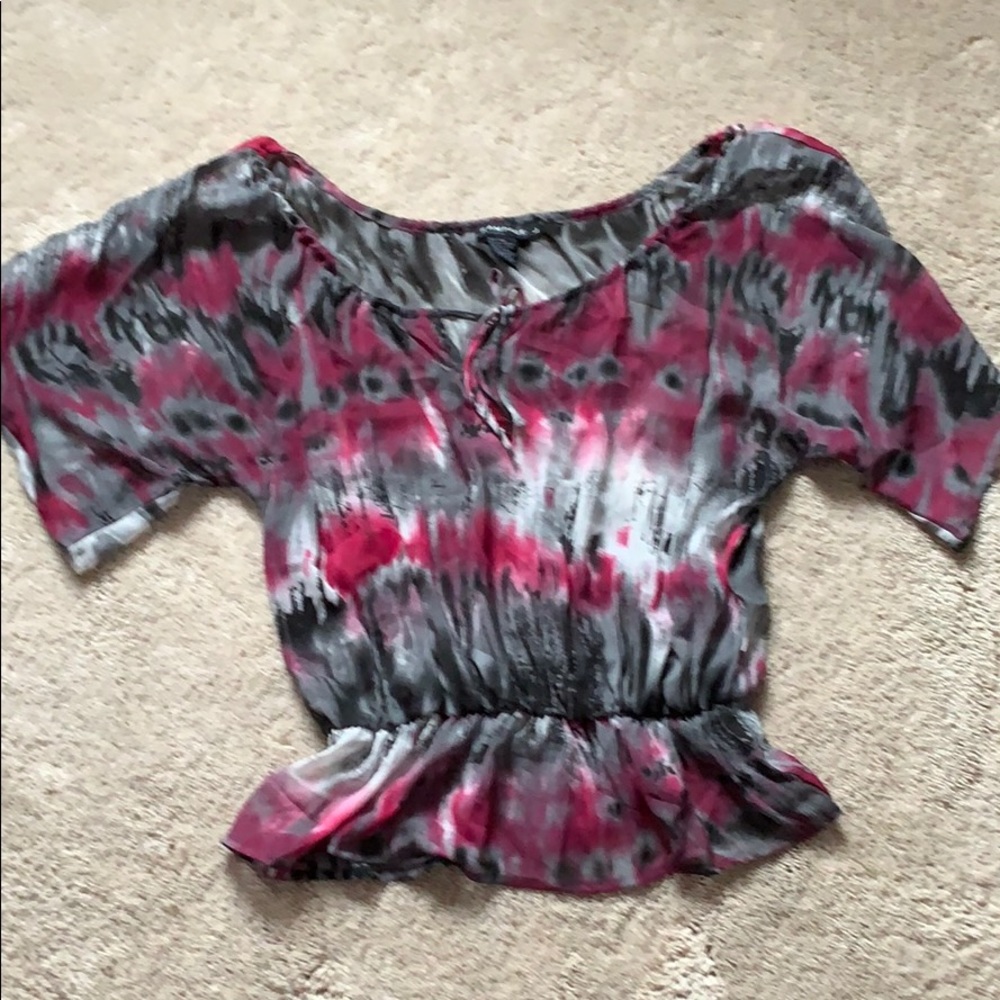 Rampage Sheer Top. Sz L. Pink/Gray/White/Black